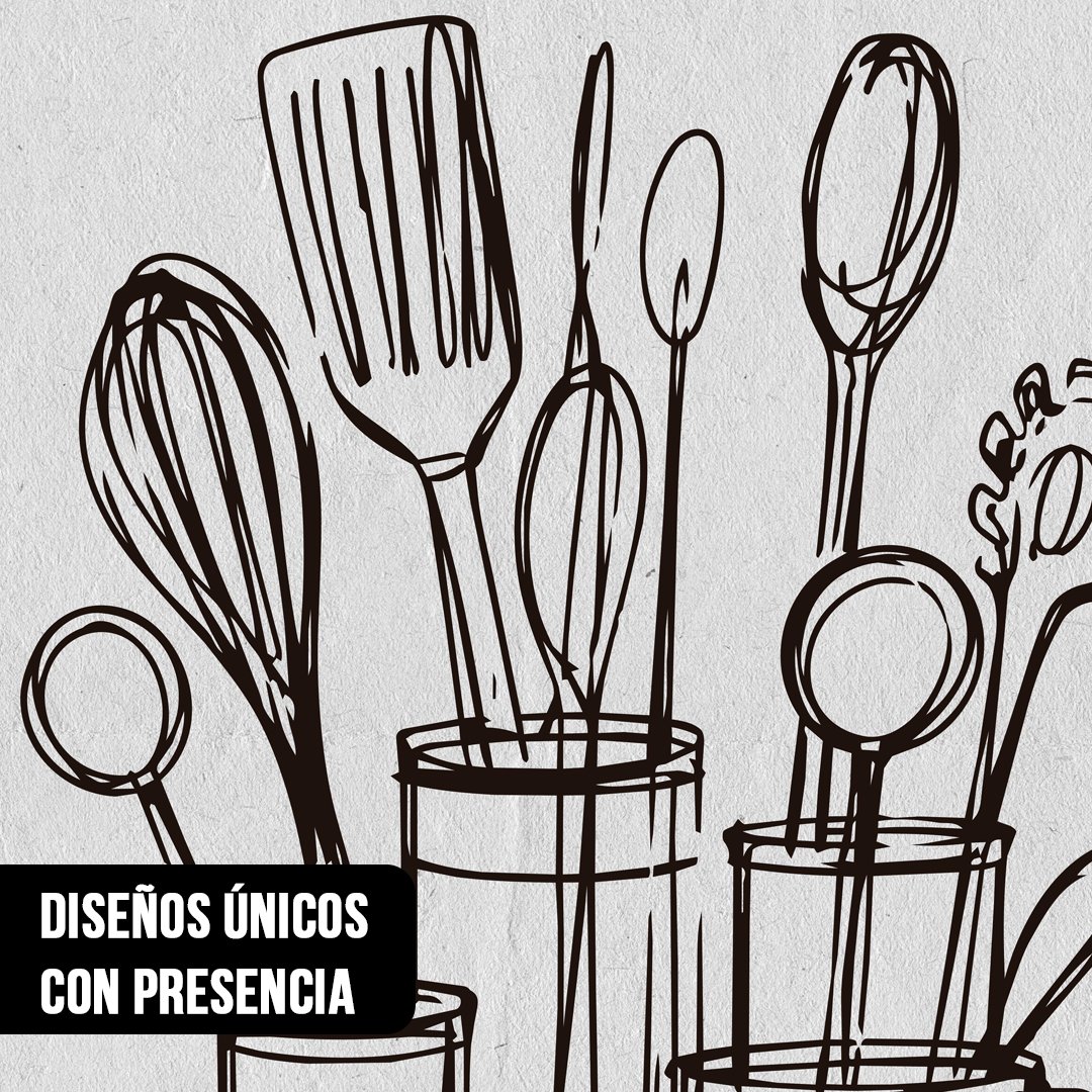 Primer plano del diseño de un cuadro con boceto a tinta negra de batidor de alambre, espátula y cucharas de cocina