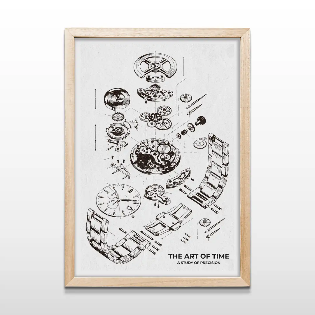 Cuadro vertical enmarcado en madera clara con ilustración técnica del despiece de un reloj mecánico en negro sobre fondo blanco