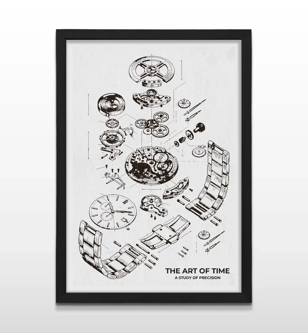 Cuadro vertical enmarcado en negro con esquema del mecanismo interno de un reloj en tinta negra sobre fondo blanco