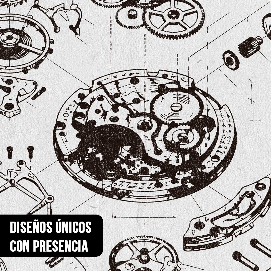 Primer plano del diseño de un cuadro con ilustración de engranajes y componentes internos de un reloj en trazo negro sobre blanco