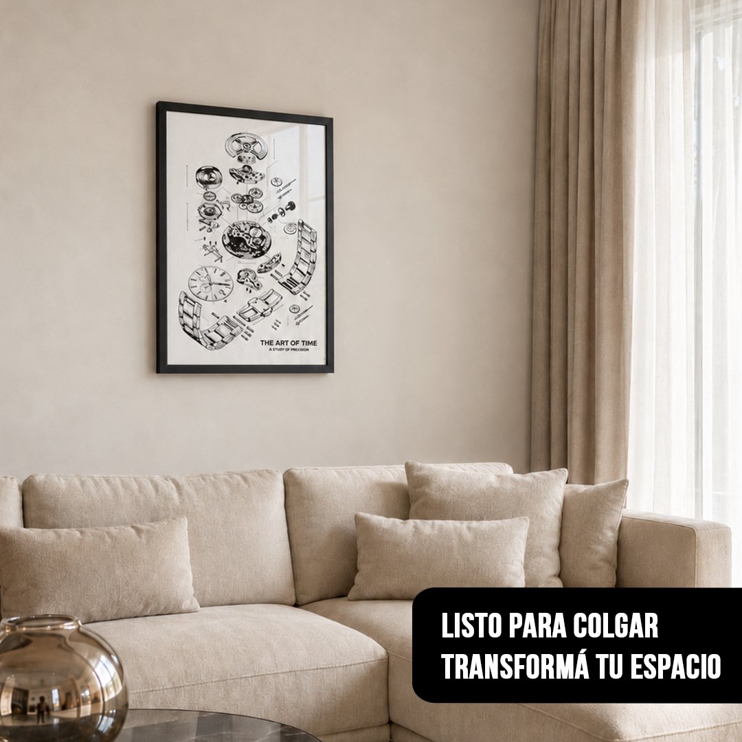 Cuadro vertical enmarcado en negro con esquema técnico de reloj de alta relojería colgado sobre un sillón beige en un living iluminado
