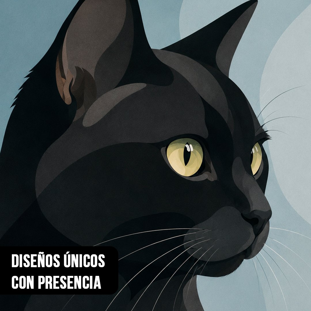 Primer plano de ilustración vectorial de gato negro destacando sus ojos amarillos, bigotes blancos y fondo azul grisáceo