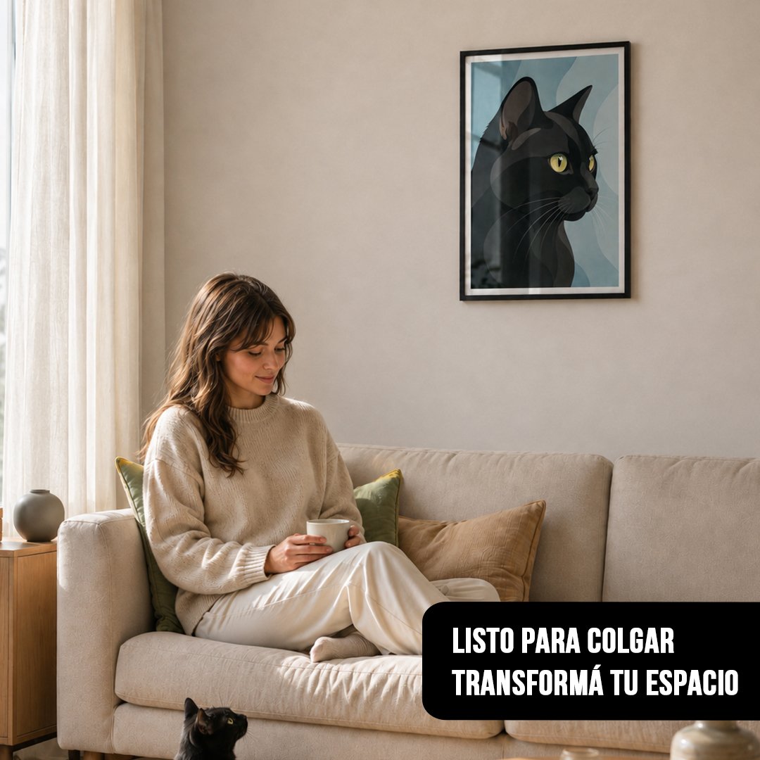 Cuadro vertical enmarcado en negro con lámina de gato negro de ojos amarillos colgado sobre sillón en living cálido con mujer sosteniendo una taza