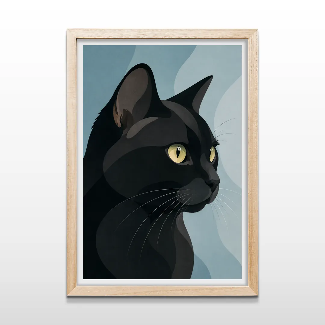 Cuadro vertical enmarcado en madera clara con ilustración de retrato de gato negro y ojos amarillos sobre fondo azul