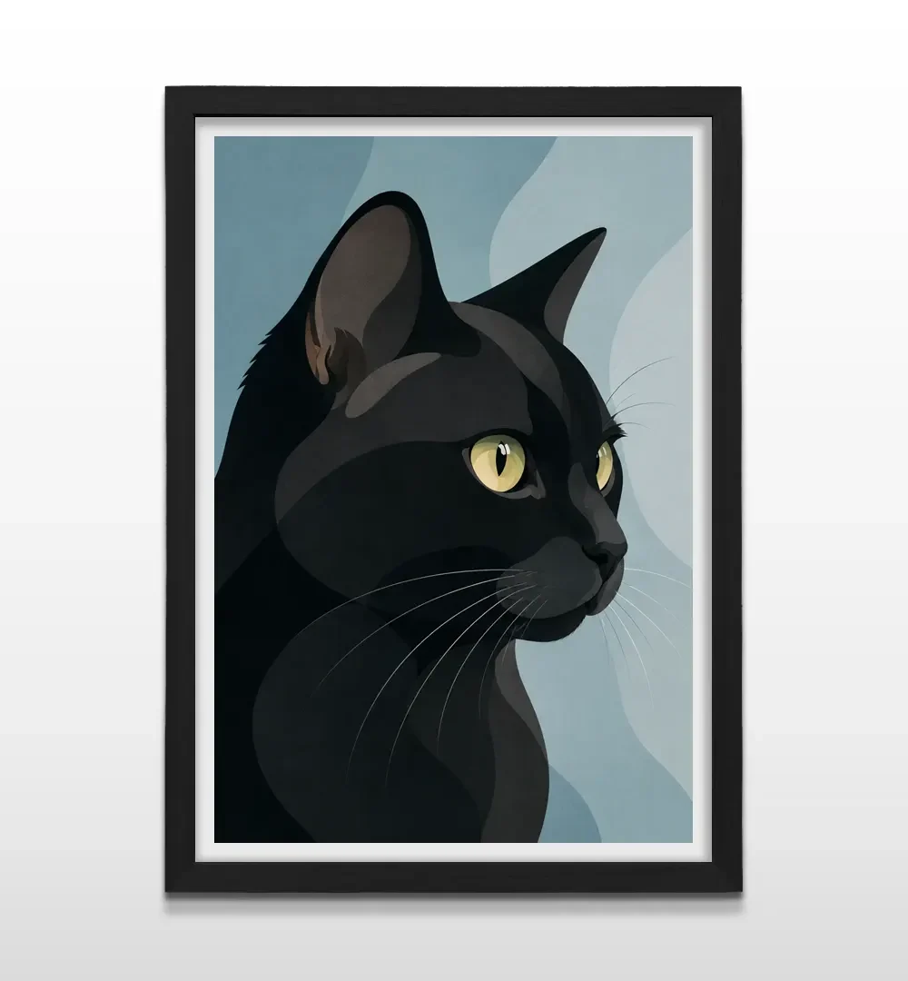 Cuadro vertical enmarcado en negro mate con ilustración vectorial de un gato negro de ojos amarillos