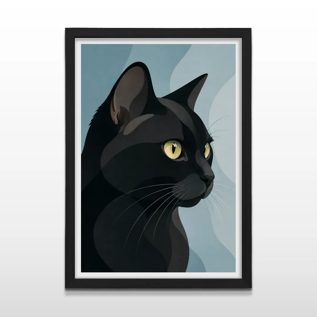 Cuadro vertical enmarcado en negro mate con ilustración vectorial de un gato negro de ojos amarillos
