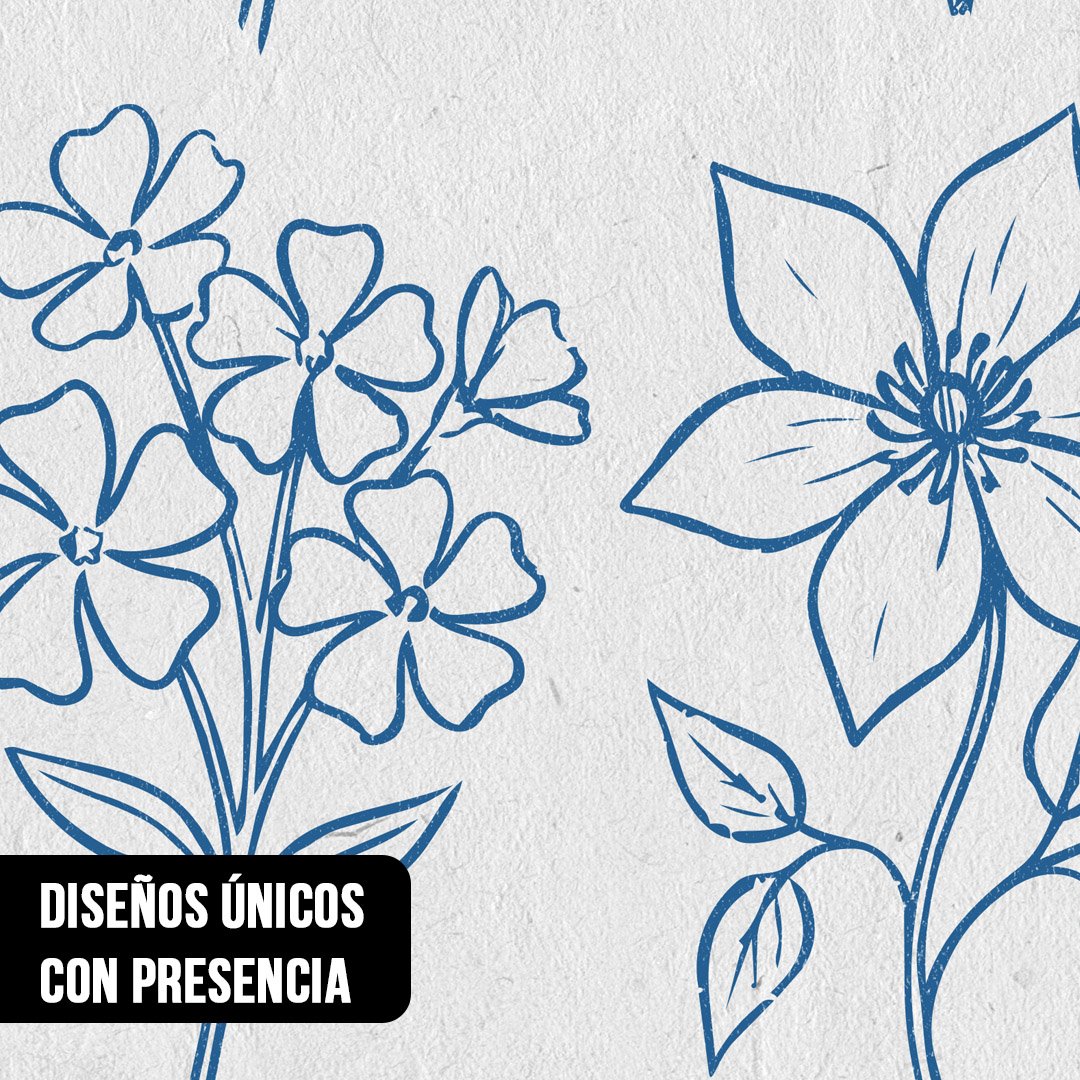 Primer plano del diseño de un cuadro con ilustraciones botánicas de flores silvestres en línea azul cobalto texturizada sobre blanco