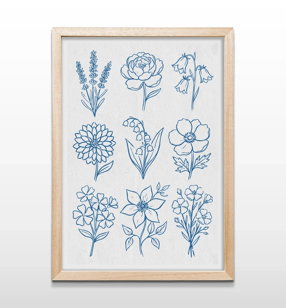 Cuadro vertical enmarcado en madera clara con lámina botánica de nueve flores silvestres en ilustración lineal azul cobalto