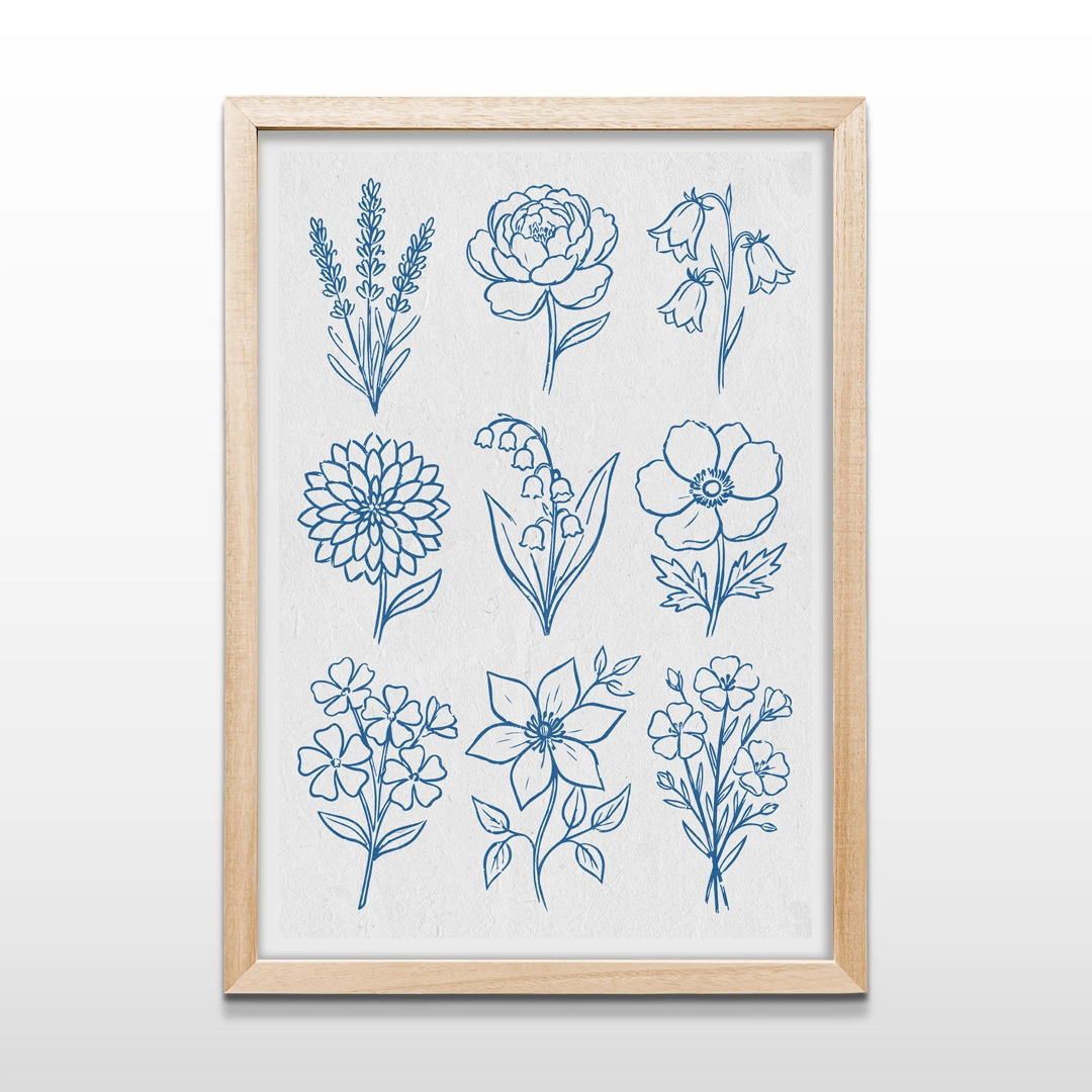 Cuadro vertical enmarcado en madera clara con lámina botánica de nueve flores silvestres en ilustración lineal azul cobalto