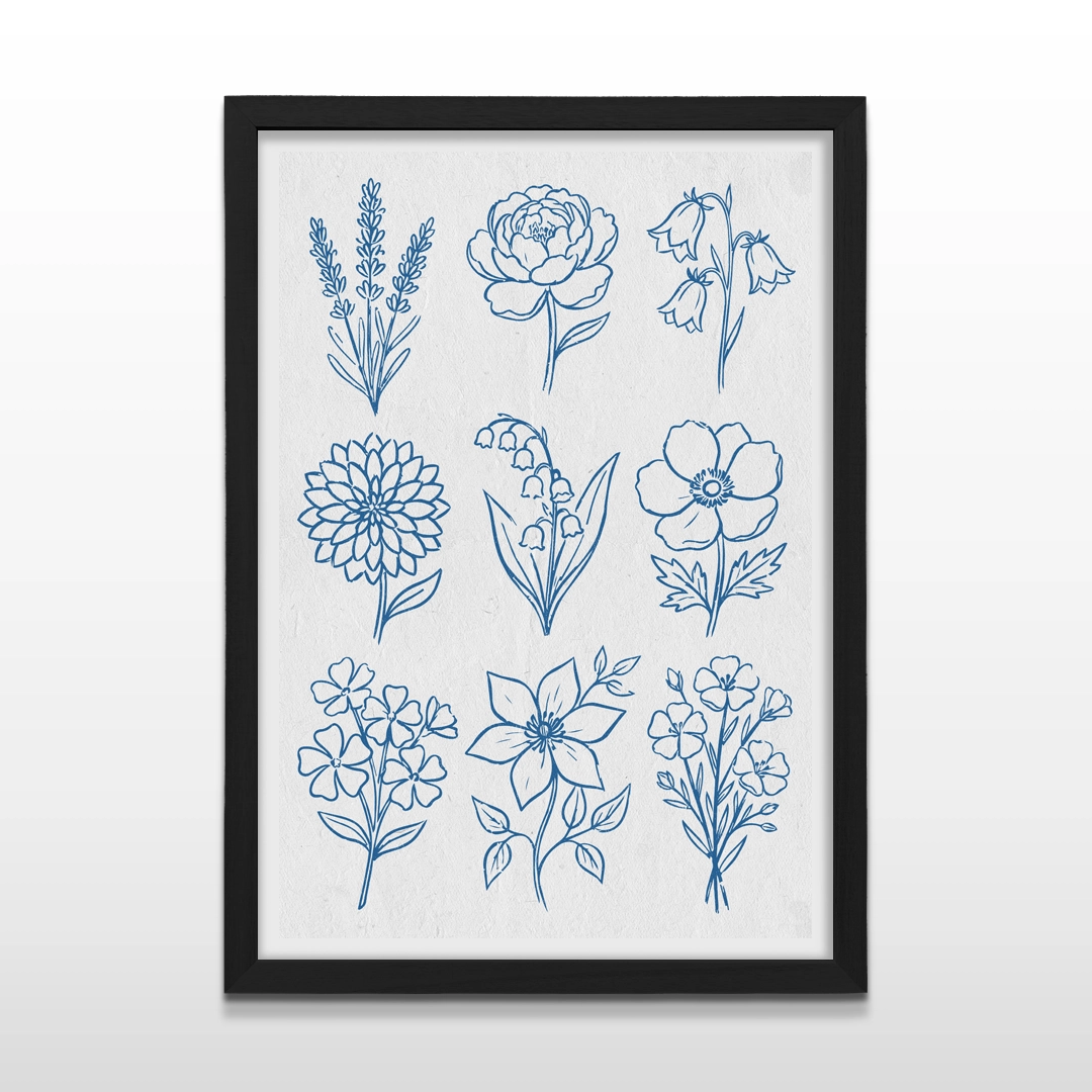 Cuadro vertical enmarcado en negro mate con lámina botánica de nueve flores silvestres en ilustración lineal azul cobalto
