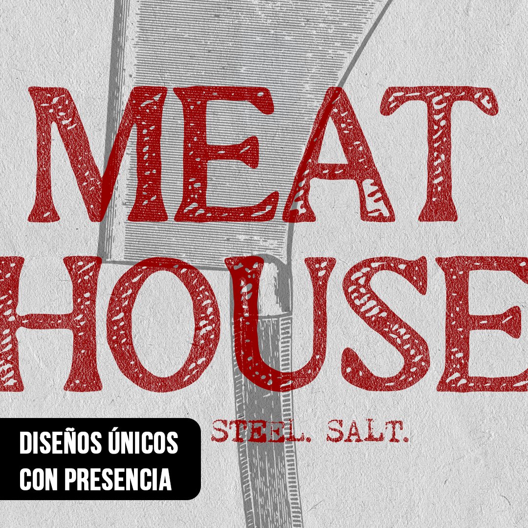 Primer plano del texto desgastado en rojo "MEAT HOUSE" y grabado de hacha de carnicero sobre fondo texturizado
