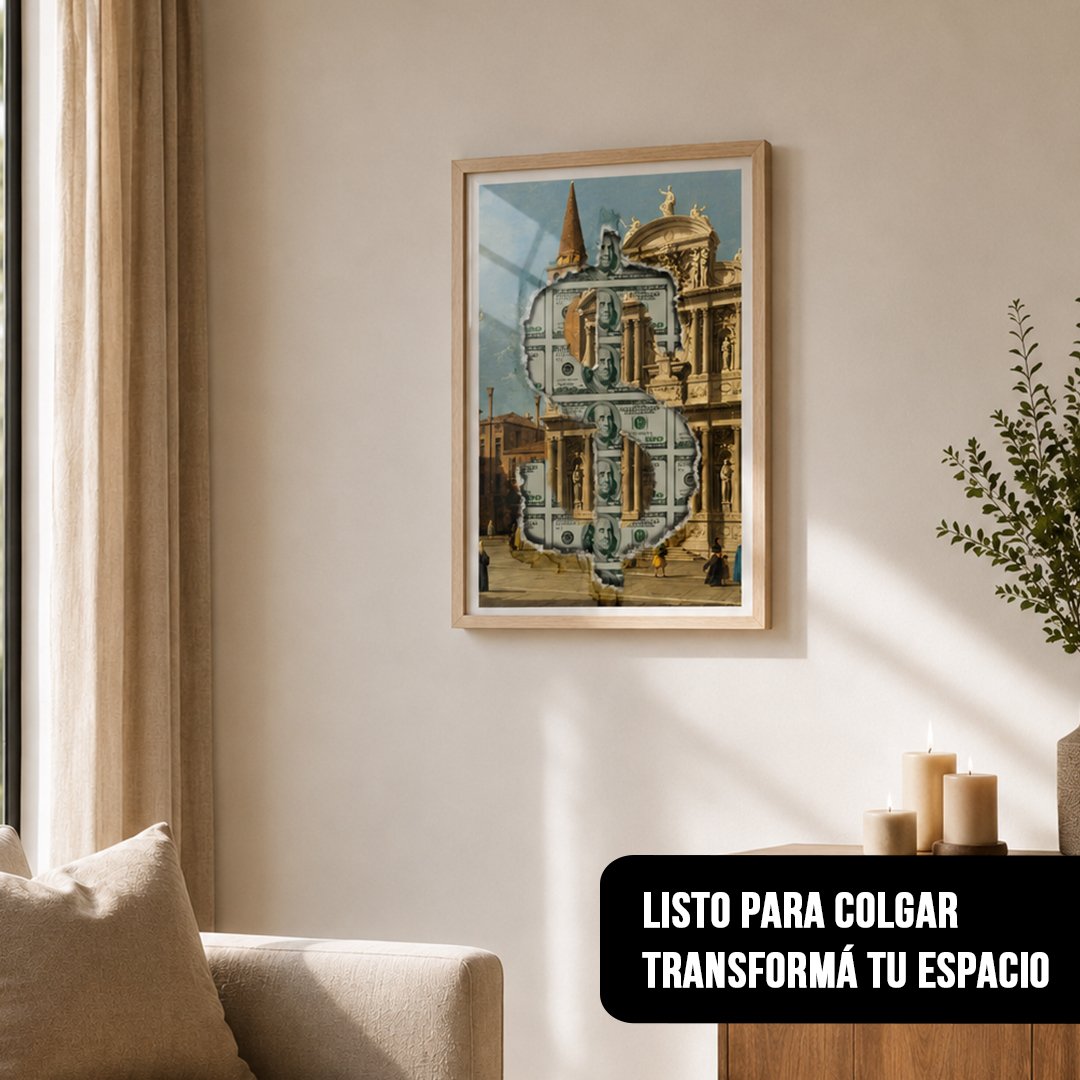Cuadro vertical enmarcado en madera clara con pintura clásica y rasgadura en símbolo de dólar revelando billetes de cien dólares