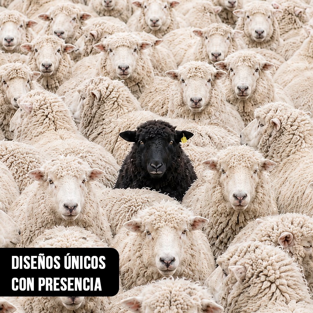 Primer plano de fotografía con una oveja negra en el centro destacando entre un rebaño numeroso de ovejas blancas