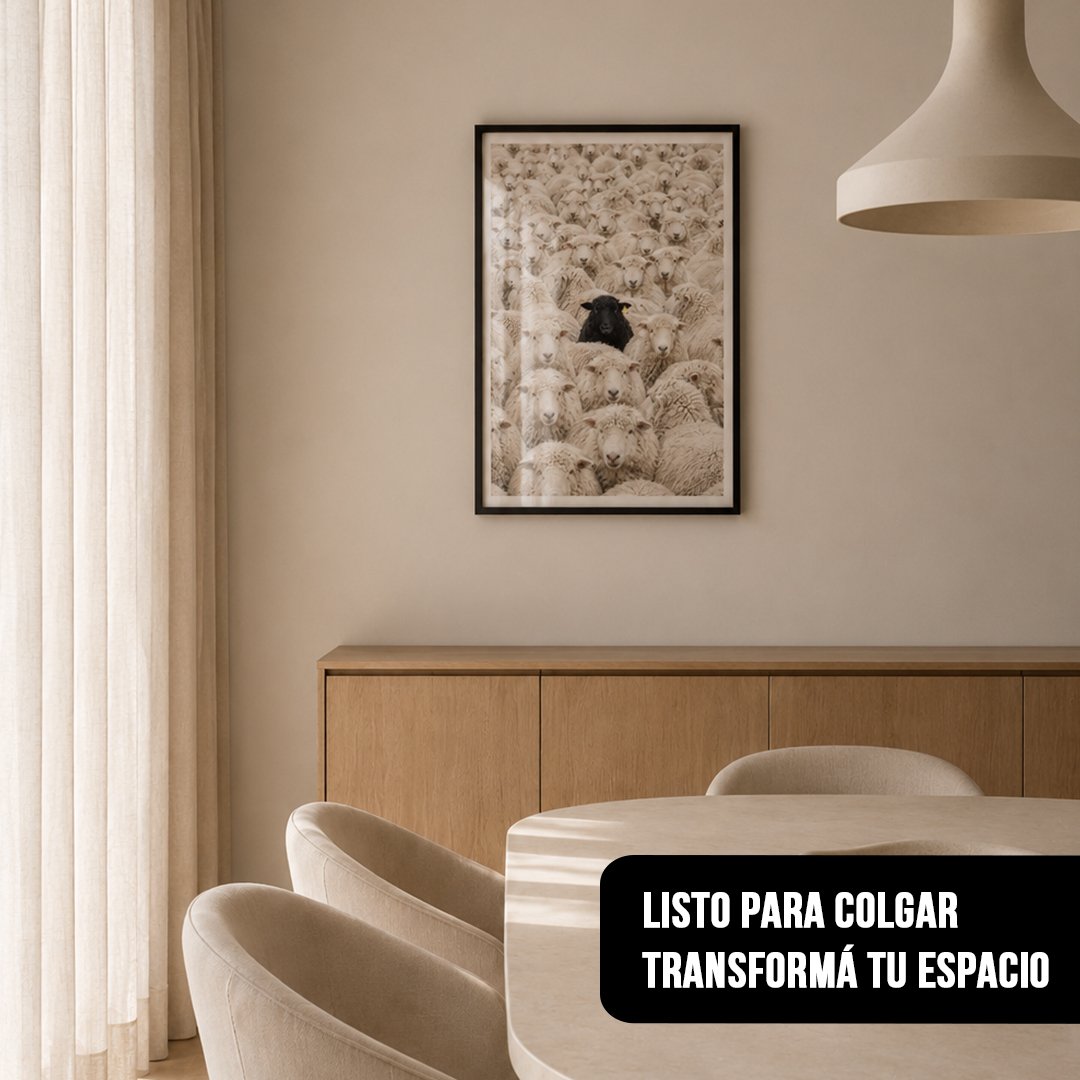 Cuadro vertical enmarcado en negro con fotografía de una oveja negra en el centro de un rebaño de ovejas blancas colgado en comedor moderno
