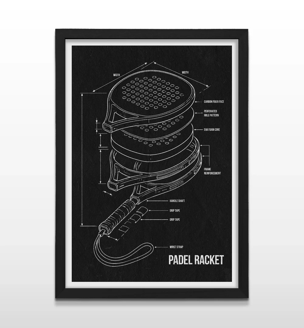 Cuadro vertical enmarcado en negro mate con esquema técnico de paleta de pádel en trazo blanco sobre fondo negro