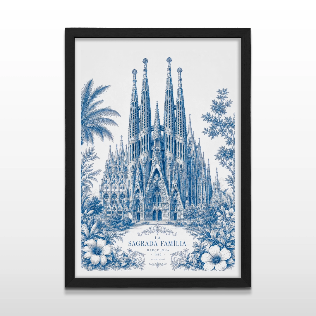 Cuadro vertical enmarcado en negro mate con ilustración de la Sagrada Familia en azul cobalto sobre fondo claro