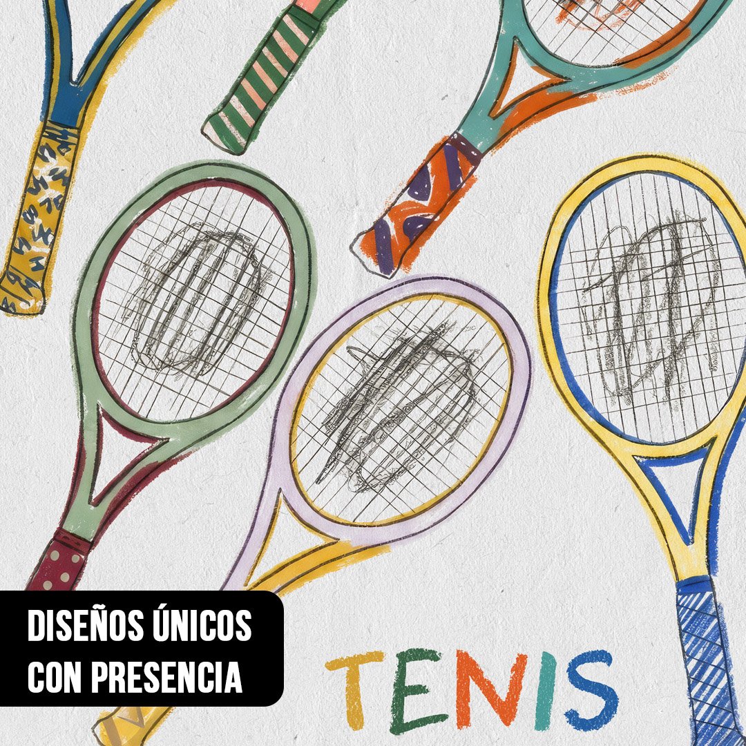 Primer plano de ilustración de raquetas de tenis coloridas y la palabra "TENIS" escrita con letras de colores sobre papel texturizado