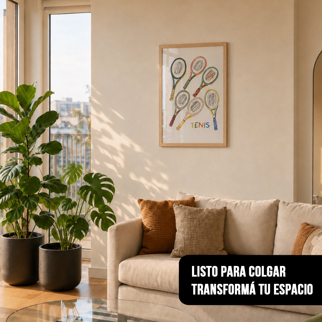 Cuadro vertical enmarcado en madera clara con lámina de raquetas de tenis coloridas colgado en pared beige sobre sillón en living luminoso