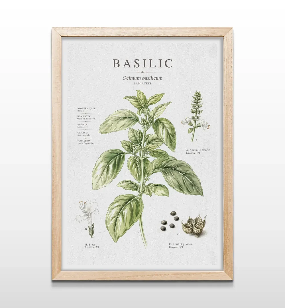 Cuadro vertical en marco de madera clara con ilustración científica botánica de albahaca verde