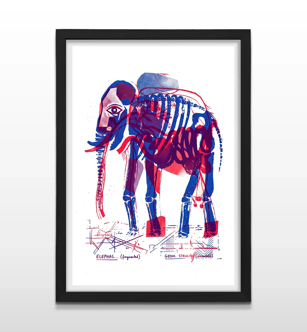 Cuadro vertical enmarcado en negro mate con arte anatómico de elefante estilo cubista e inscripciones técnicas