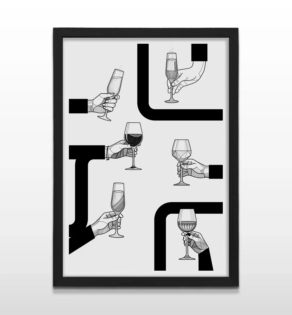 Cuadro vertical enmarcado en negro mate con ilustración en blanco y negro de seis manos brindando con copas