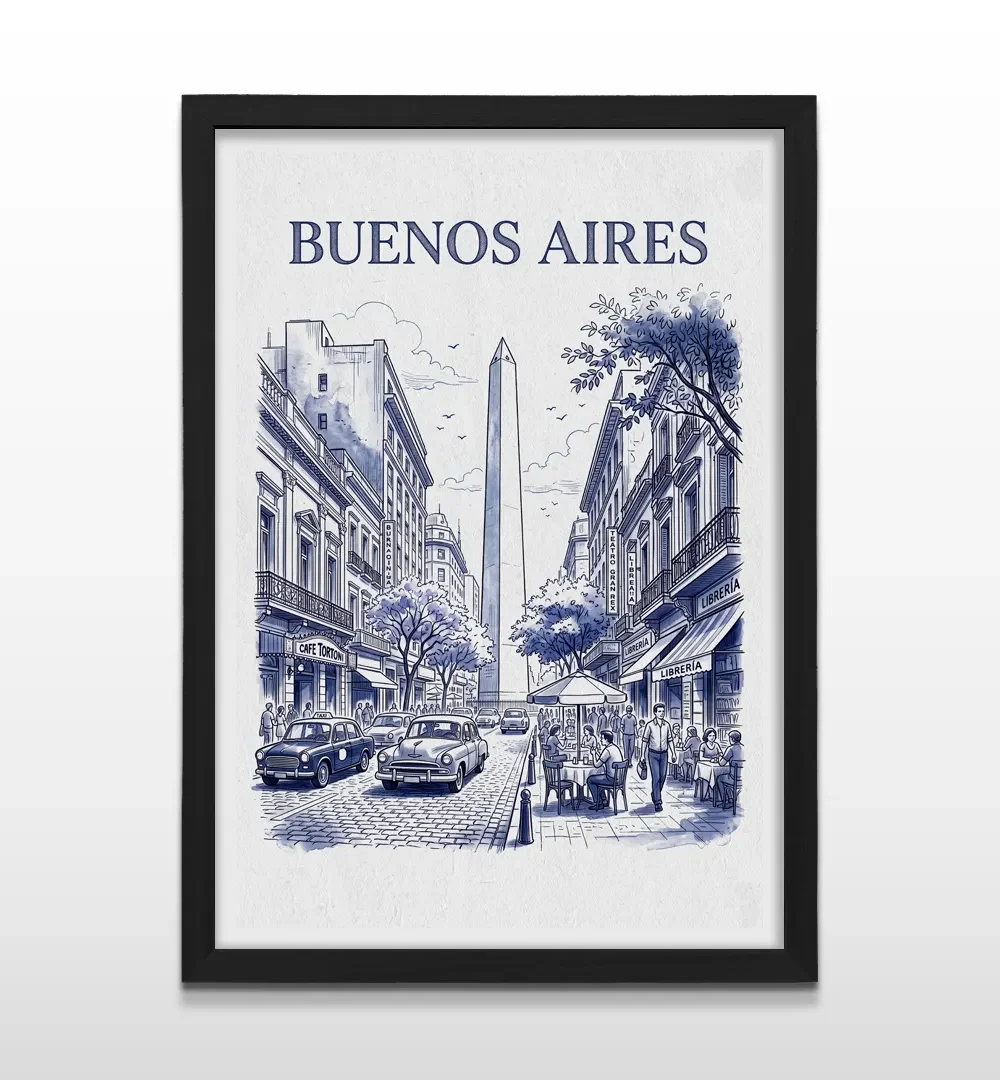 Cuadro vertical en marco negro con lámina vintage azul de Buenos Aires, Obelisco, librerías y calle Corrientes
