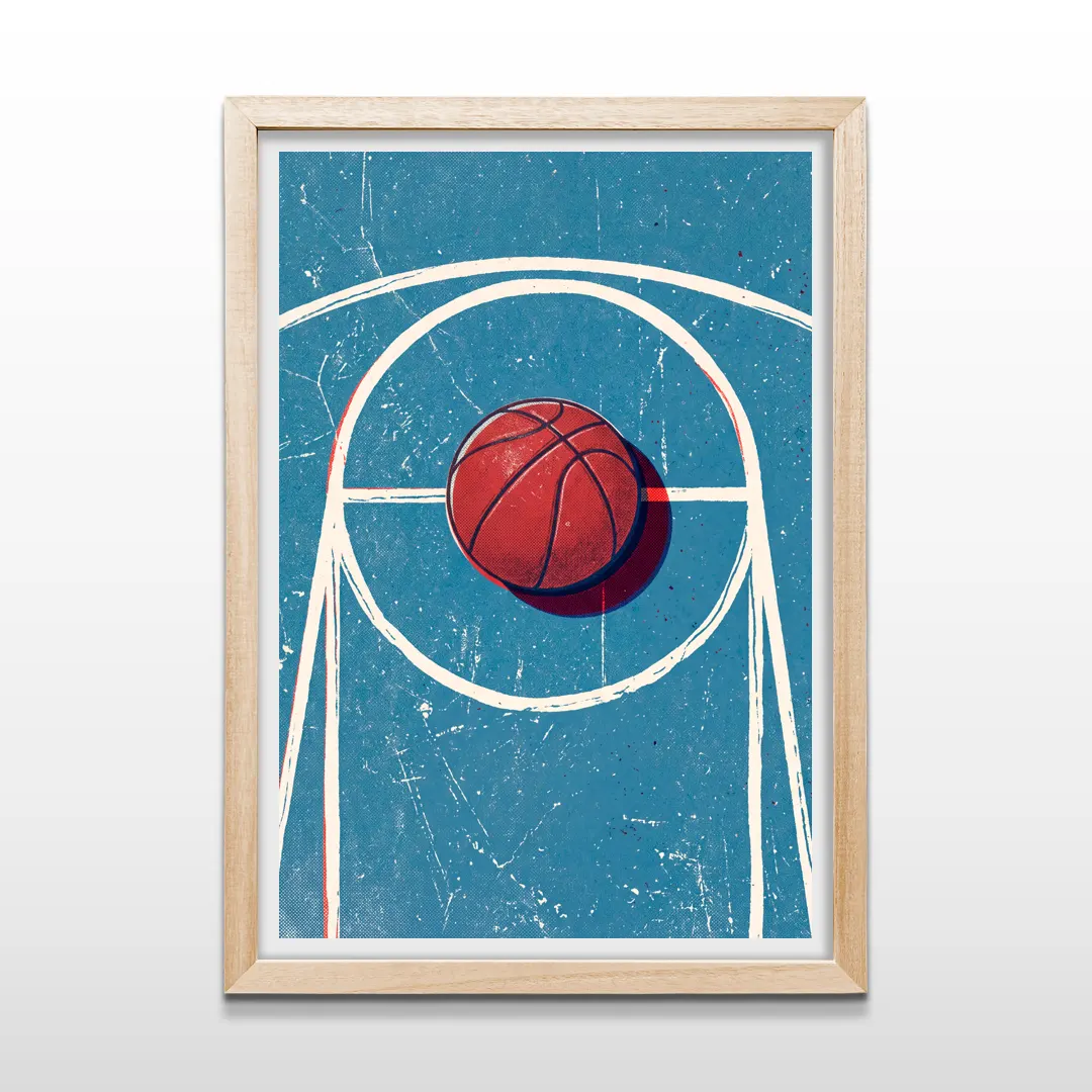 Cuadro vertical en marco de madera clara con lámina vintage de cancha de básquetbol azul