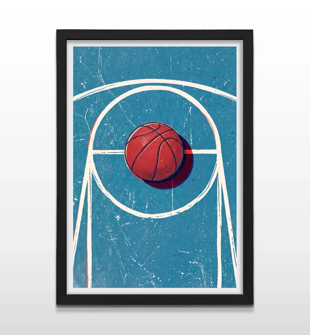 Cuadro vertical en marco negro con ilustración retro de cancha de básquet azul y pelota roja