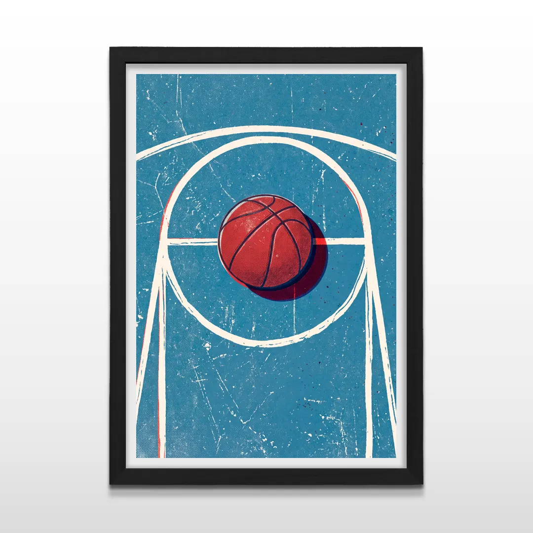 Cuadro vertical en marco negro con ilustración retro de cancha de básquet azul y pelota roja