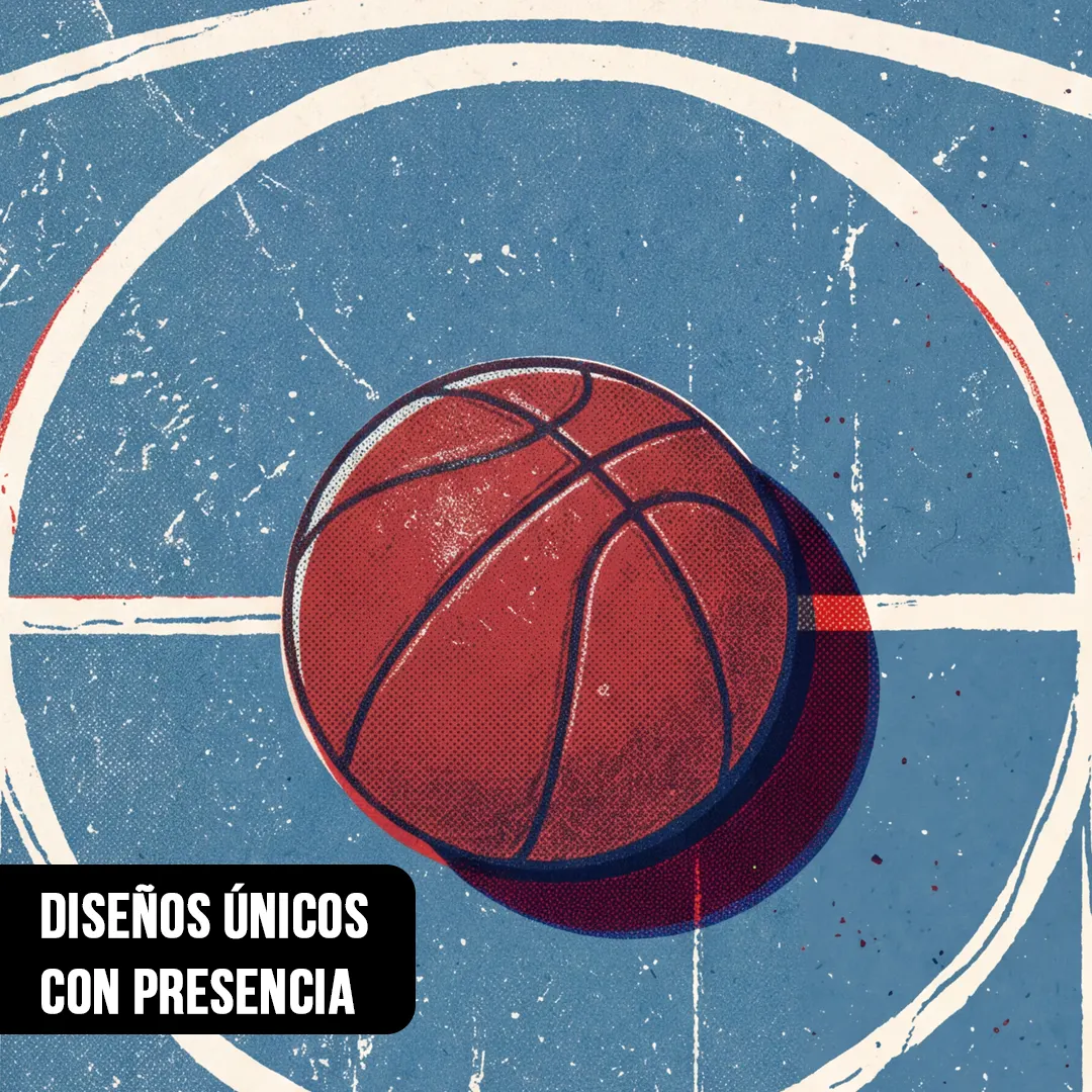 Primer plano de pelota de básquetbol roja sobre el círculo central de una cancha azul vintage