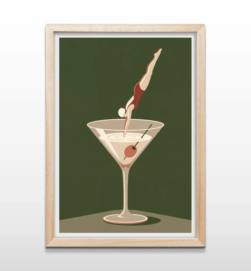 Cuadro vertical en madera clara con ilustración retro de clavadista lanzándose a una copa de martini