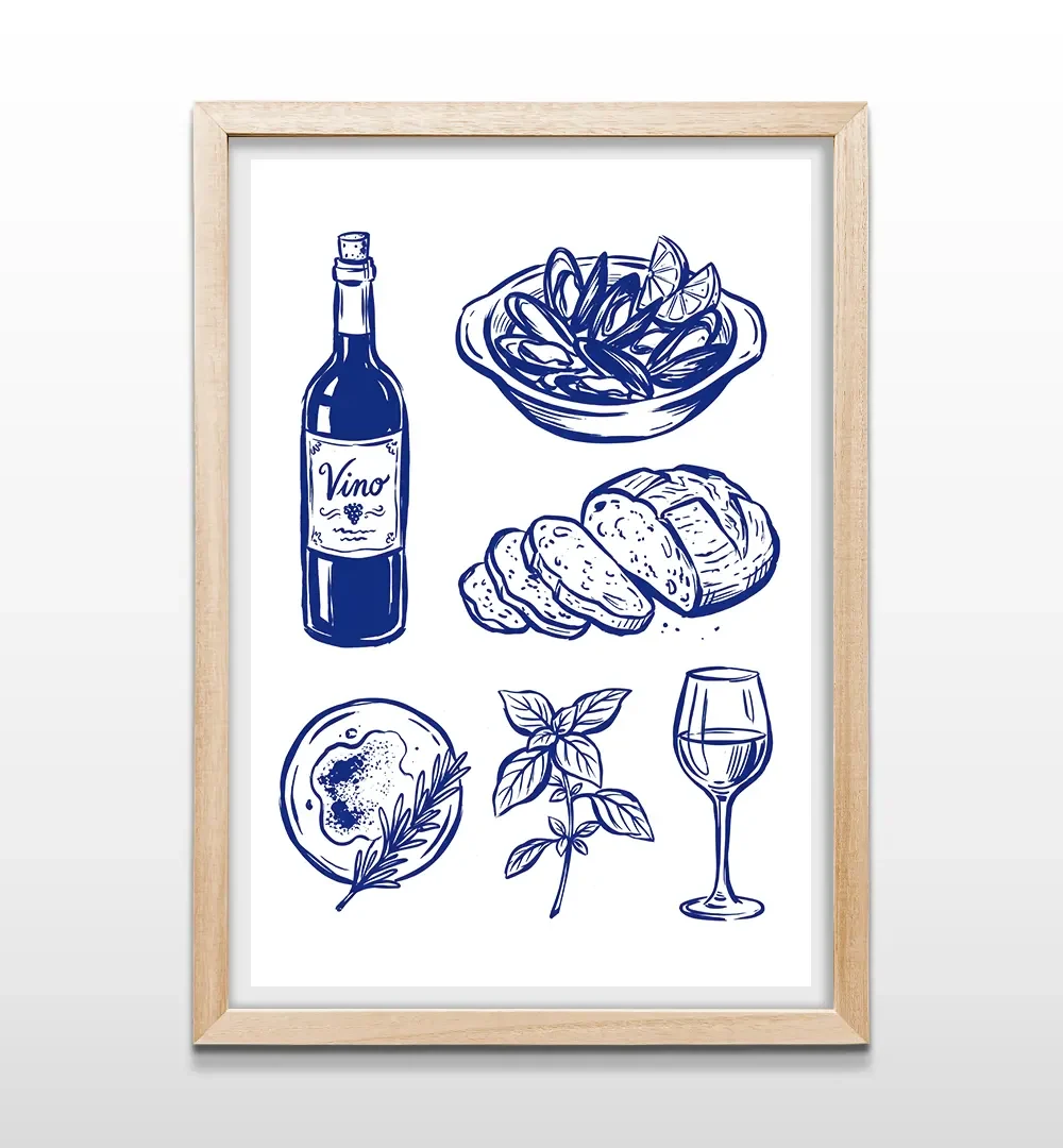 Cuadro vertical en madera clara con lámina ilustrada de cocina mediterránea con vino, mejillones, pan y albahaca en tinta azul