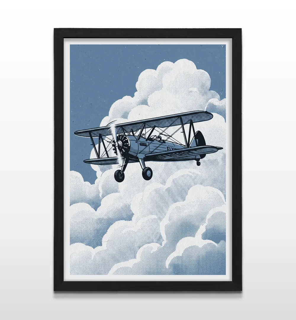 Cuadro vertical en marco negro con ilustración retro de avión biplano volando entre nubes azules