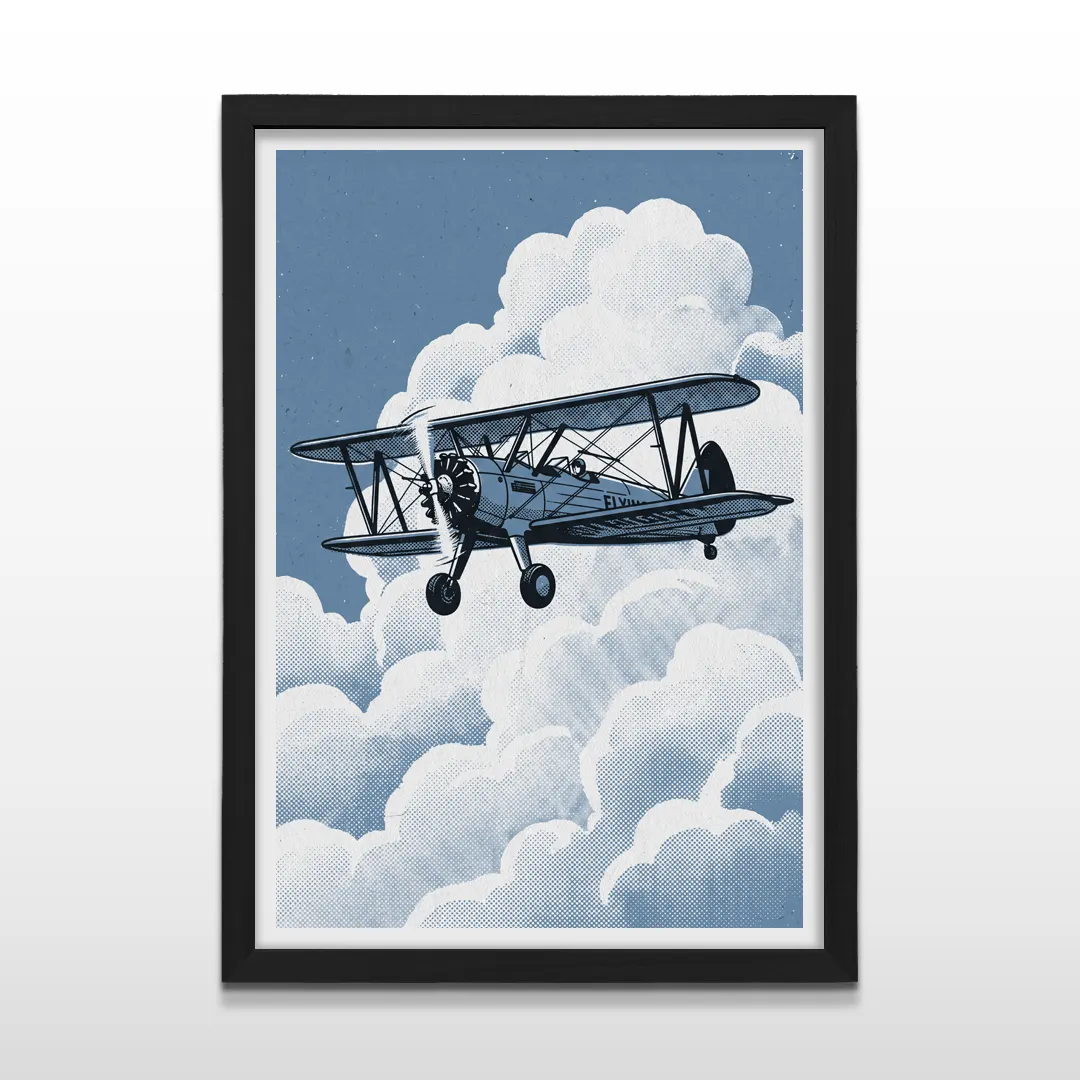 Cuadro vertical en marco negro con ilustración retro de avión biplano volando entre nubes azules