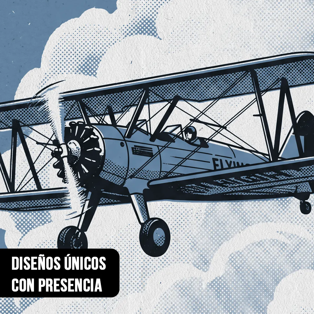 Primer plano de ilustración estilo cómic de avión biplano con hélice, piloto en cabina y trama de semitonos