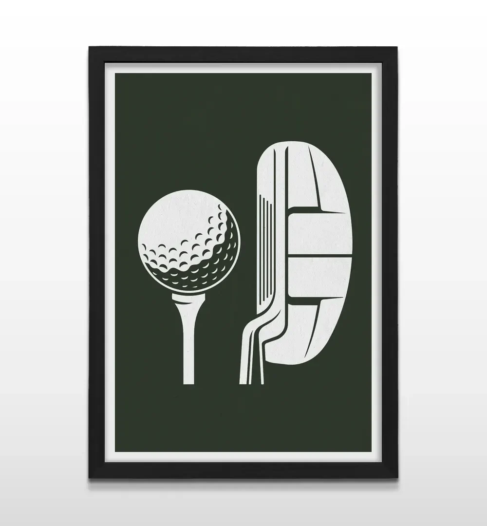 Cuadro vertical en marco negro con ilustración minimalista de pelota de golf en tee y putter blanco sobre verde inglés