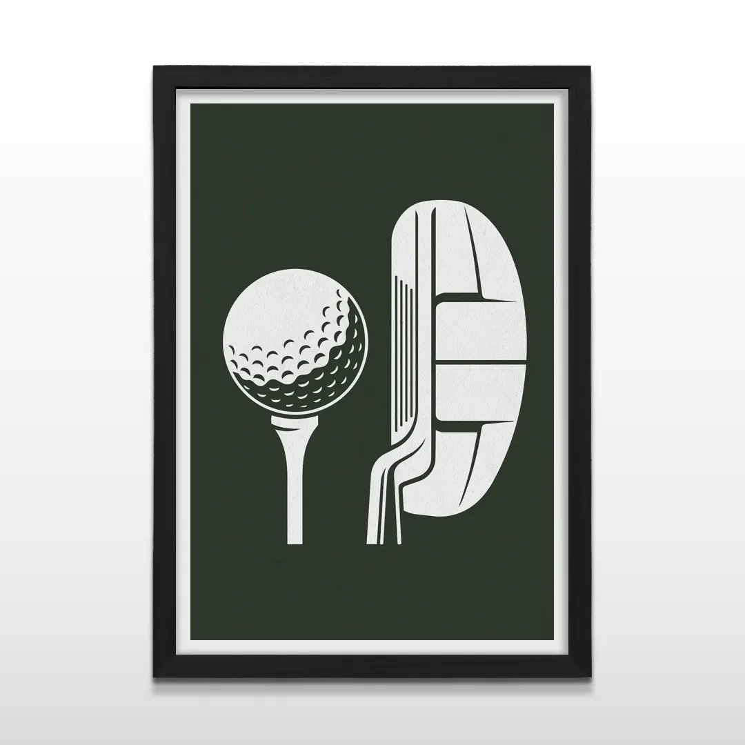 Cuadro vertical en marco negro con ilustración minimalista de pelota de golf en tee y putter blanco sobre verde inglés