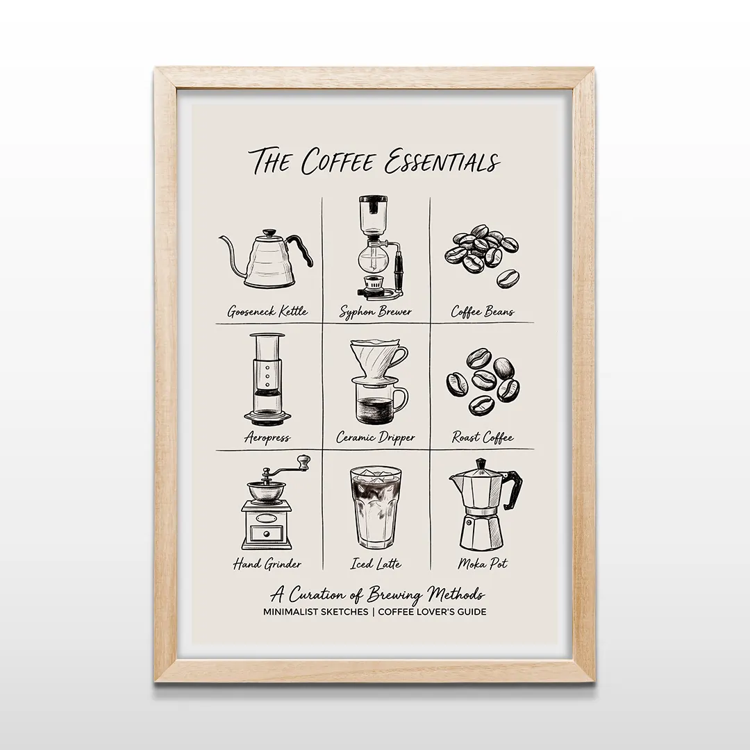 Cuadro vertical en madera clara con lámina The Coffee Essentials de métodos de preparación de café en bocetos a tinta