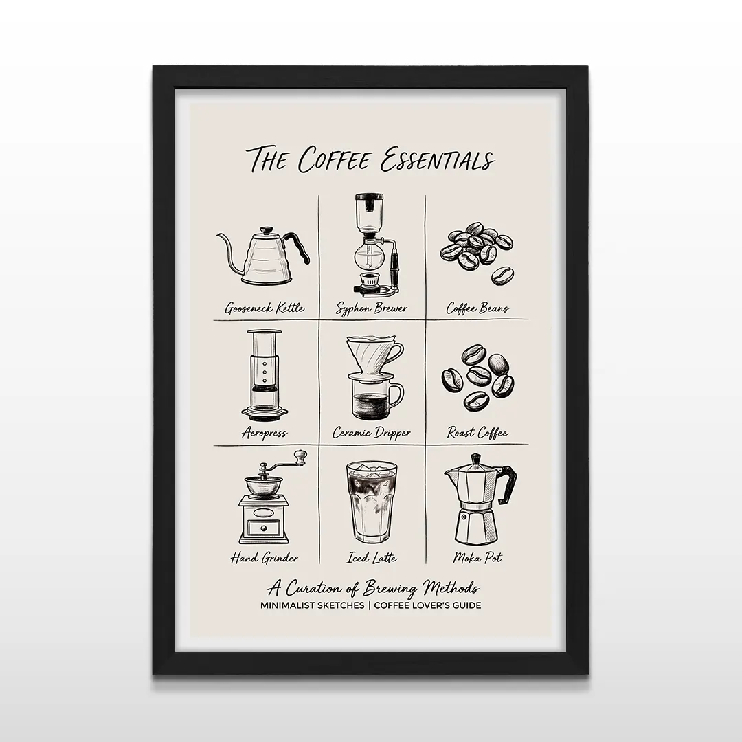 Cuadro vertical enmarcado en negro mate con lámina informativa de café con ilustraciones de cafetera Moka, Aeropress y molinillo