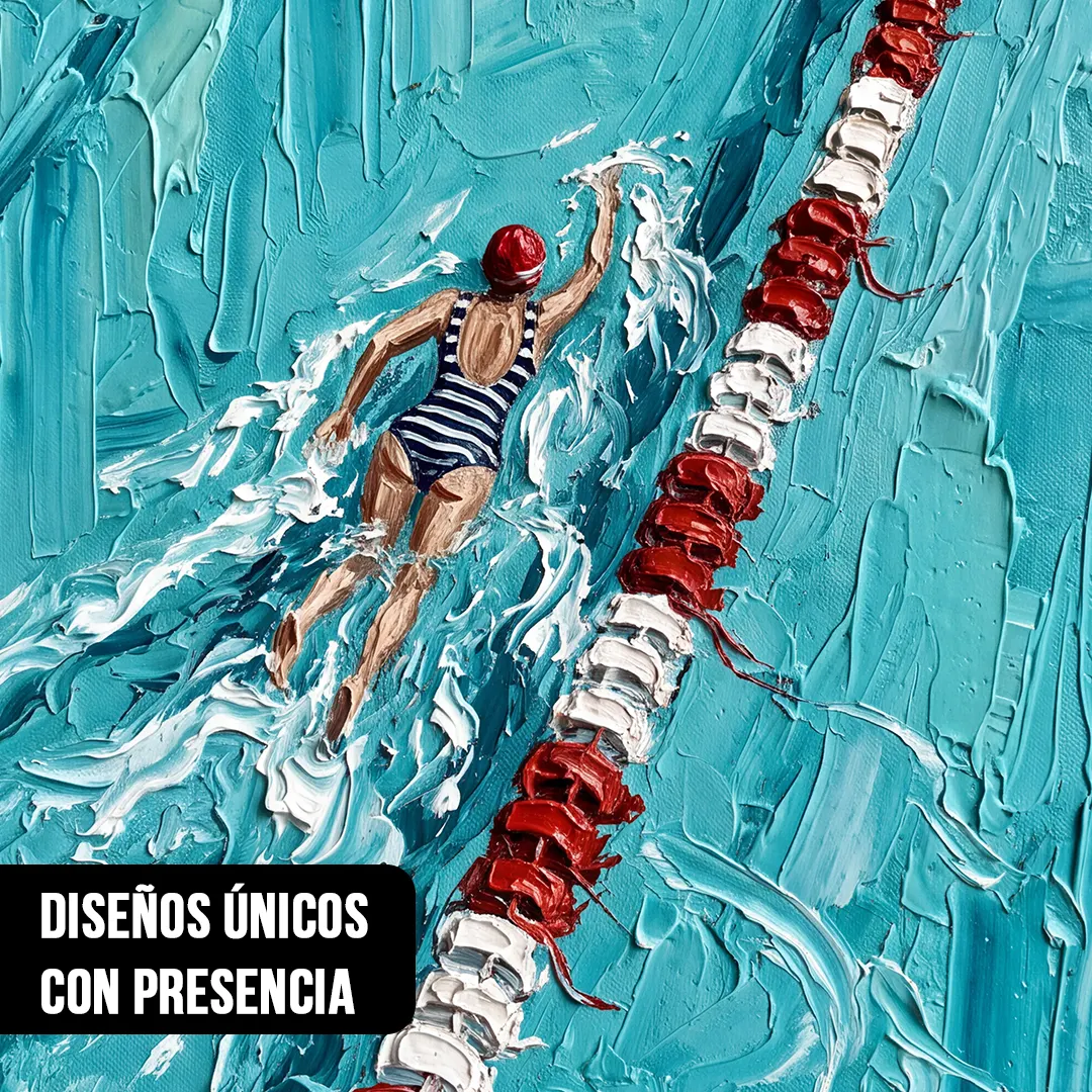 Primer plano de impresión similar pintura al óleo mostrando relieve de pintura en nadadora con gorra roja y carril de piscina
