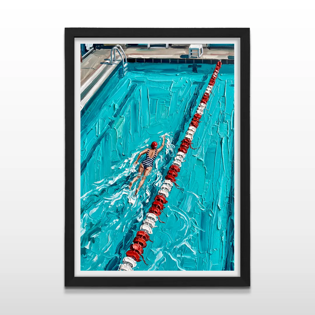 Cuadro vertical enmarcado en negro mate con impresión estilo pintura estilo óleo de nadadora en piscina turquesa
