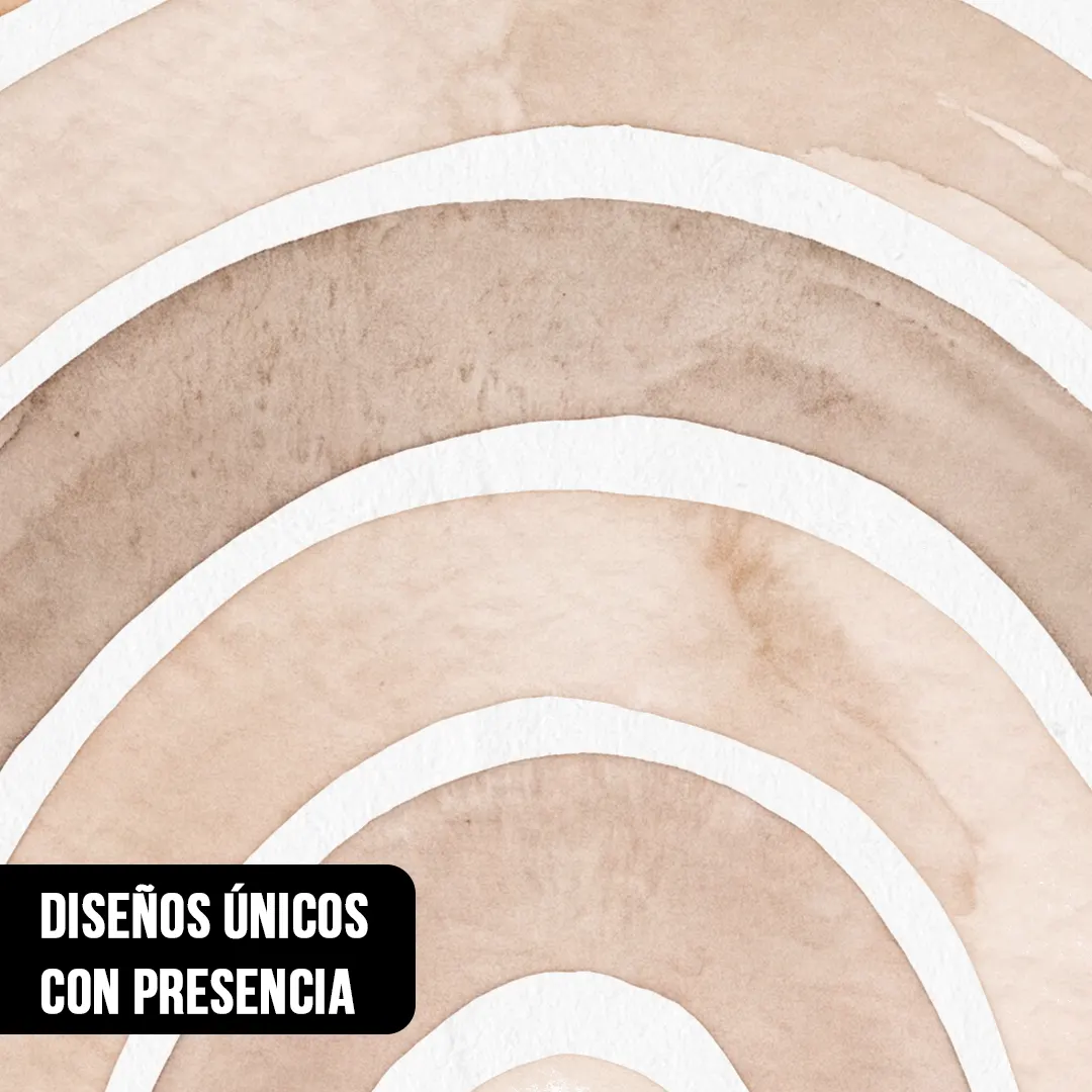 Primer plano de ilustración abstracta nórdica con arcos concéntricos en acuarela beige y líneas blancas