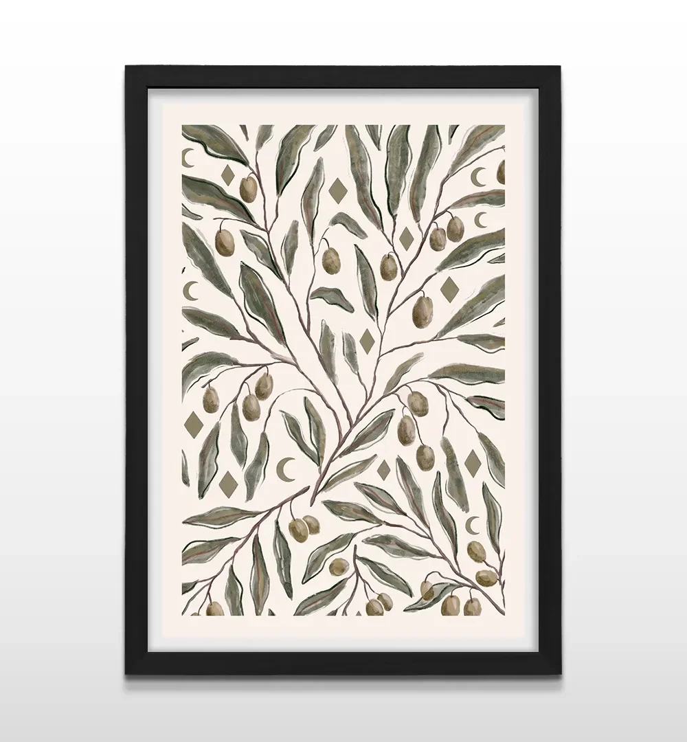 Cuadro vertical enmarcado en negro mate con ilustración botánica de ramas de olivo y aceitunas sobre fondo crema