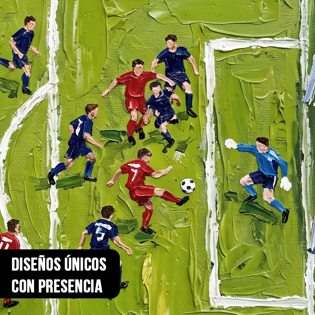 Primer plano de pintura en óleo mostrando jugada de fútbol con remate al arco, jugadores en rojo y azul y césped con espátula