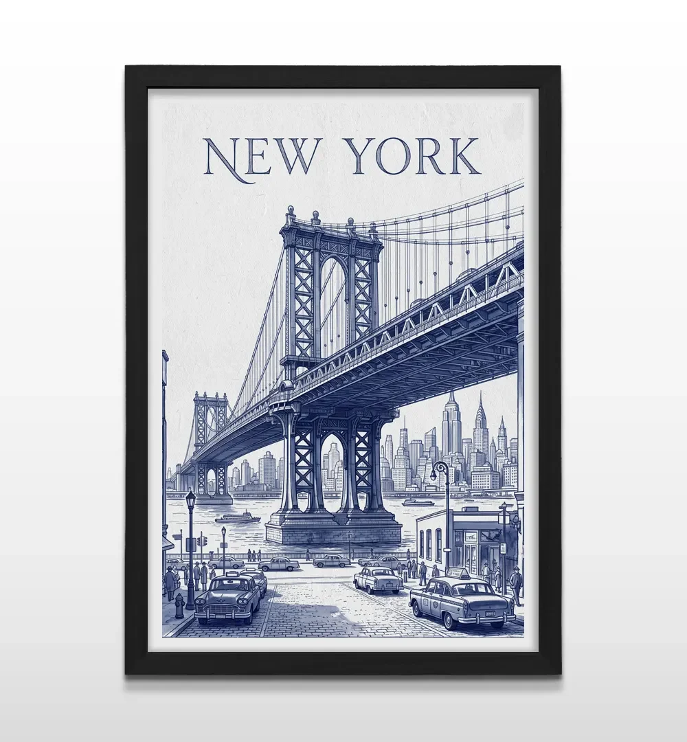 Cuadro vertical en marco negro con ilustración azul de Nueva York, puente de Manhattan y taxis clásicos