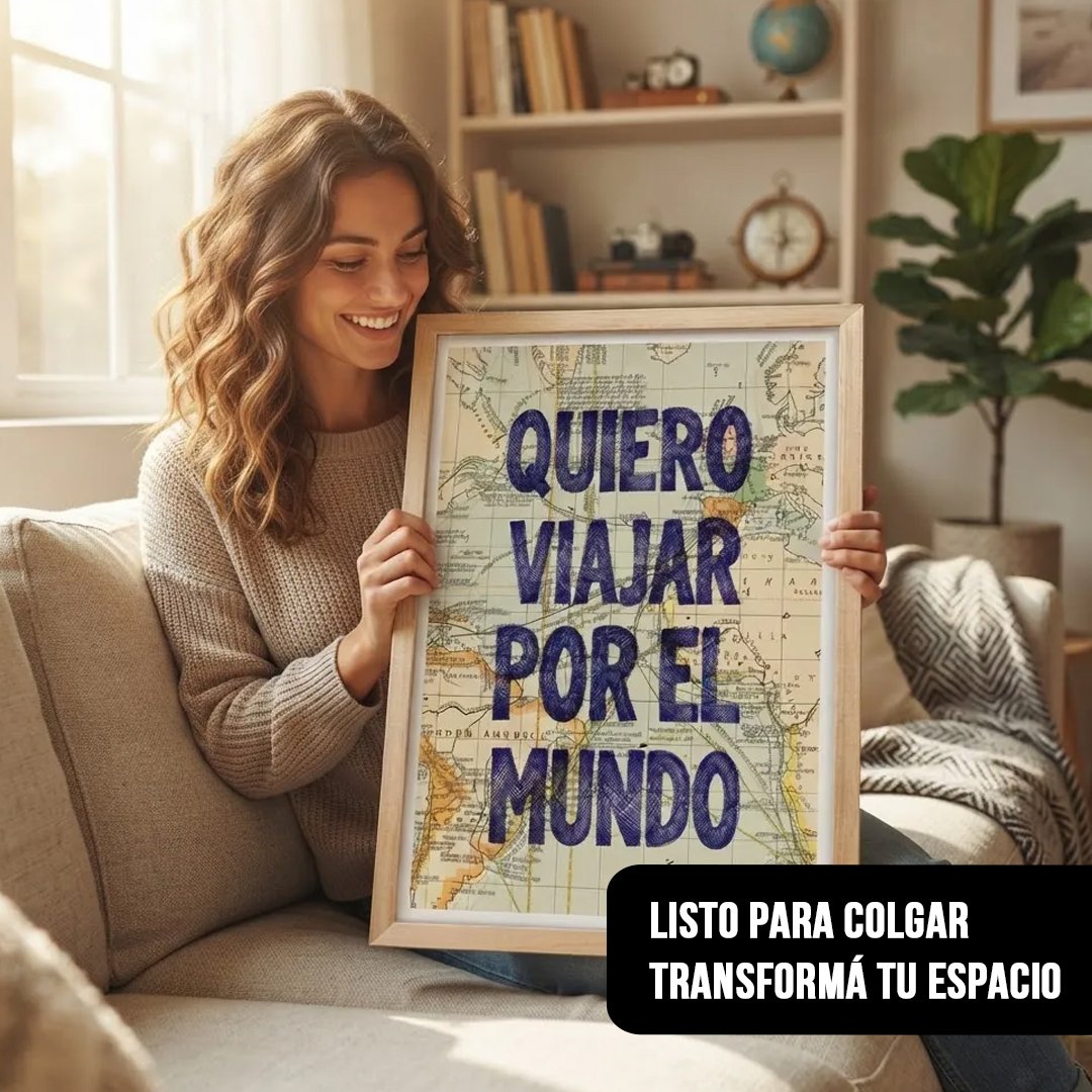 Mujer sentada en un sillón sosteniendo el cuadro enmarcado en madera clara con el mensaje "QUIERO VIAJAR POR EL MUNDO"