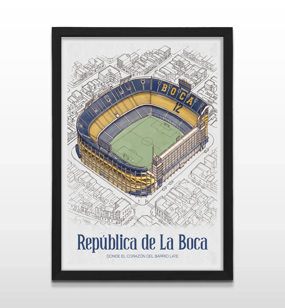 Cuadro vertical en marco negro con ilustración arquitectónica de La Bombonera e inscripción República de La Boca