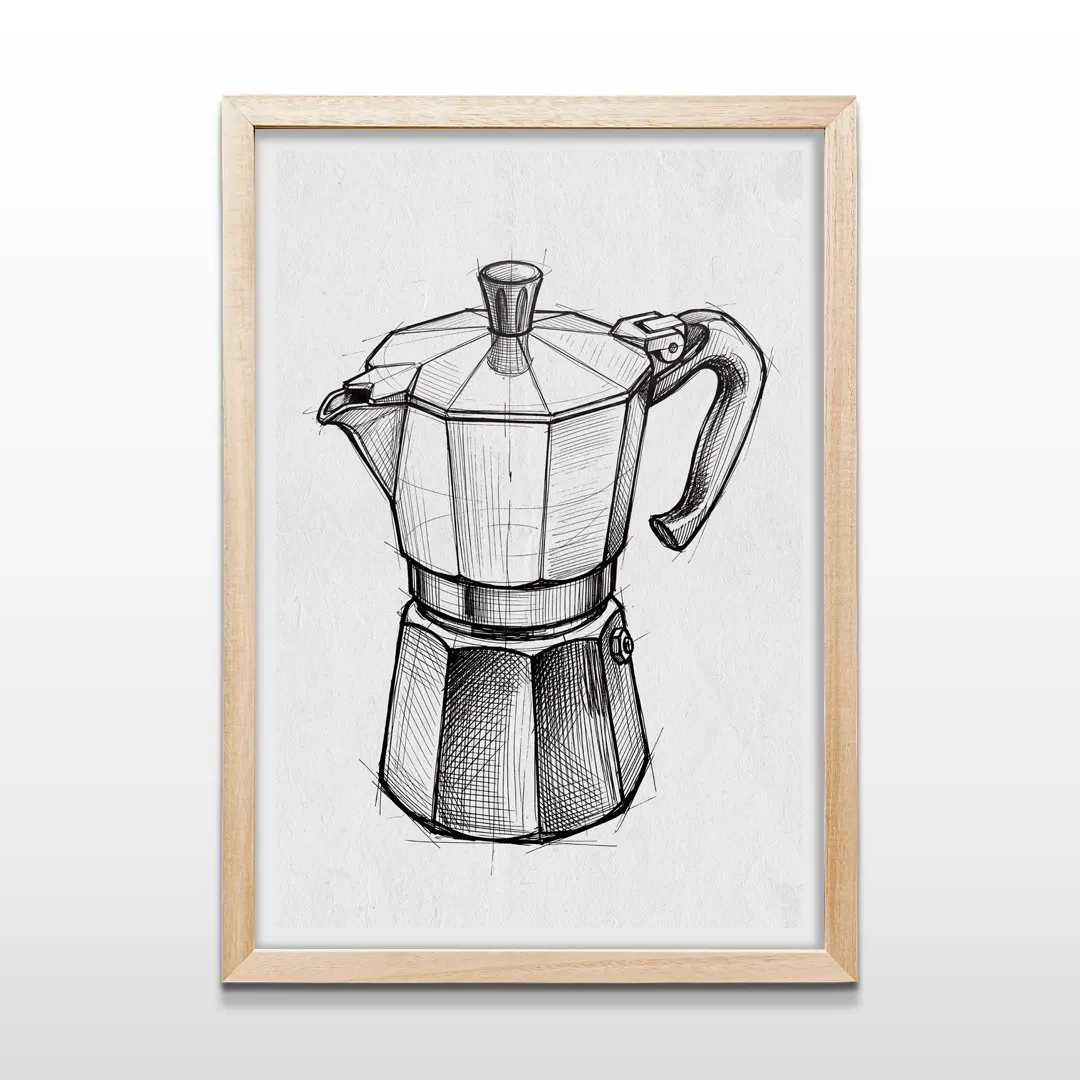 Cuadro vertical en madera clara con lámina de boceto industrial de cafetera Moka en tinta negra