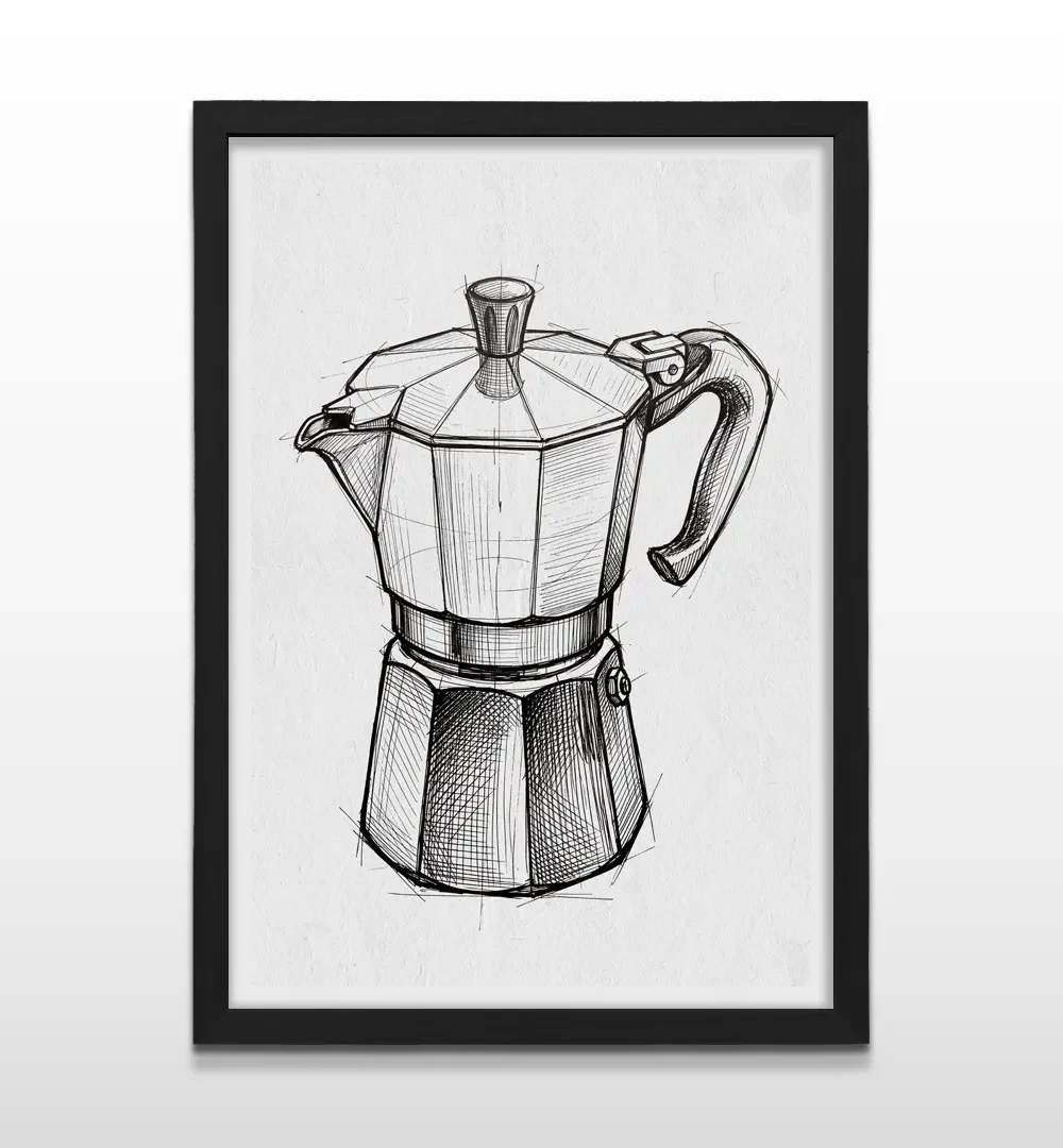 Cuadro vertical enmarcado en negro mate con dibujo técnico estilo sketch de cafetera italiana en tinta negra