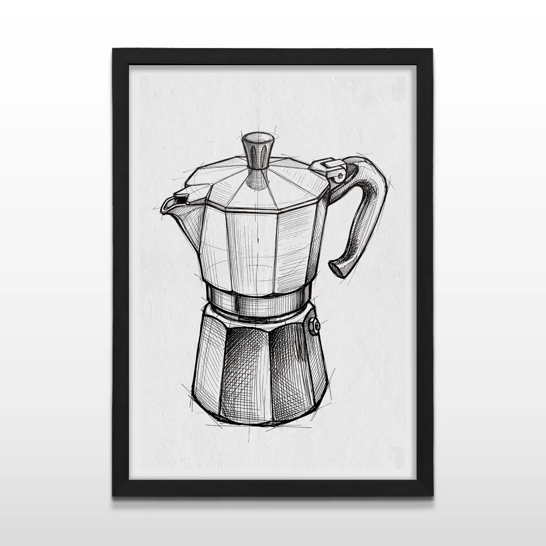 Cuadro vertical enmarcado en negro mate con dibujo técnico estilo sketch de cafetera italiana en tinta negra